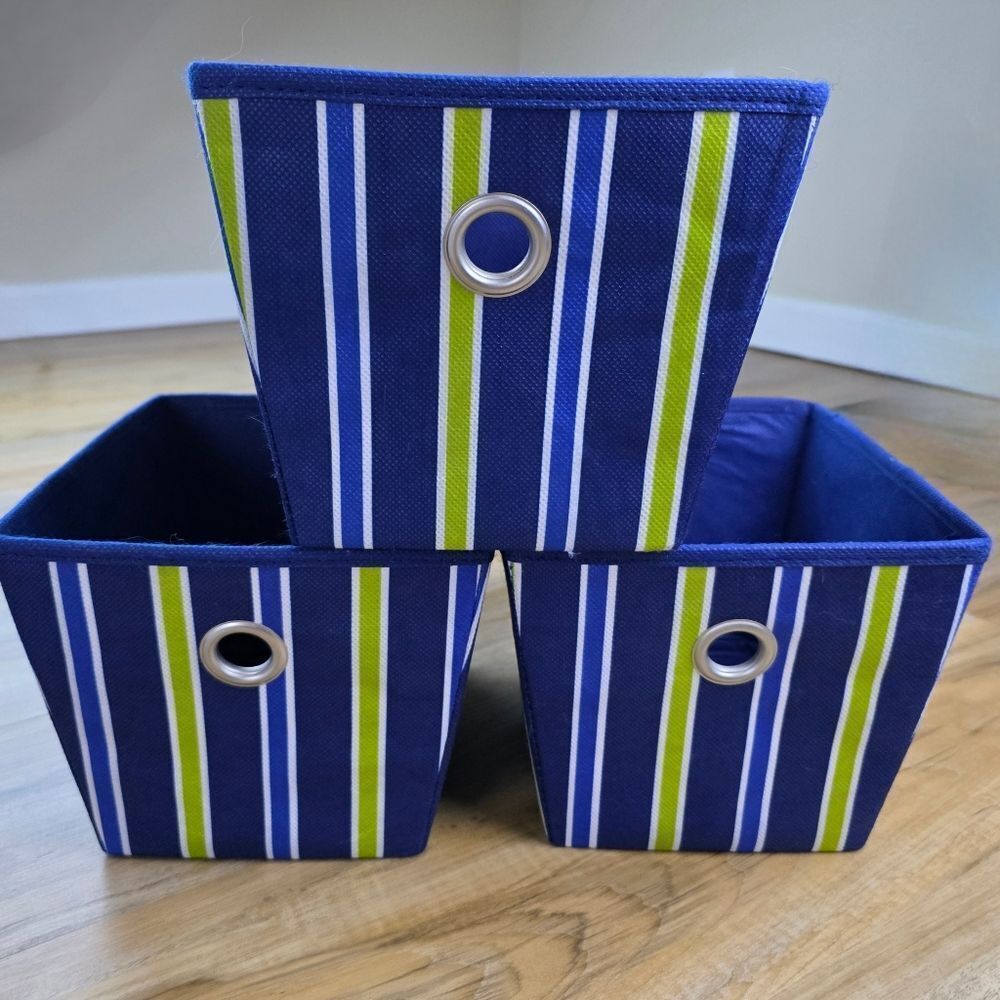 💜Blue & Lime Green Striped Canvas Bins Set Of 3